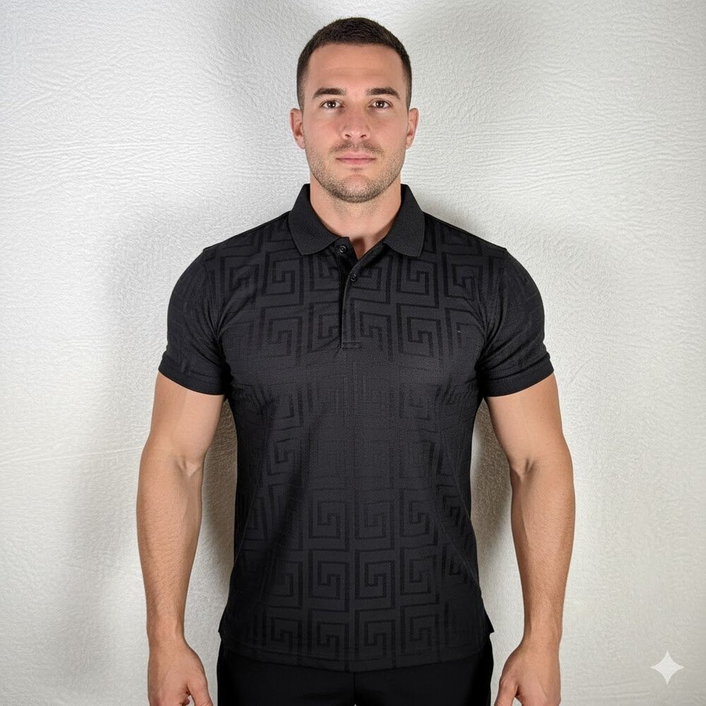 VIP Collection Men's Embossed Geometric Pattern Black Polo XL‎ Luxury Greek Key